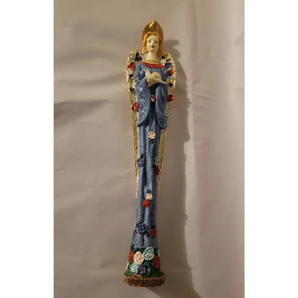 Vintage Pencil Angel Figurine Dove Blue Flower Decor Resin Rose Garden